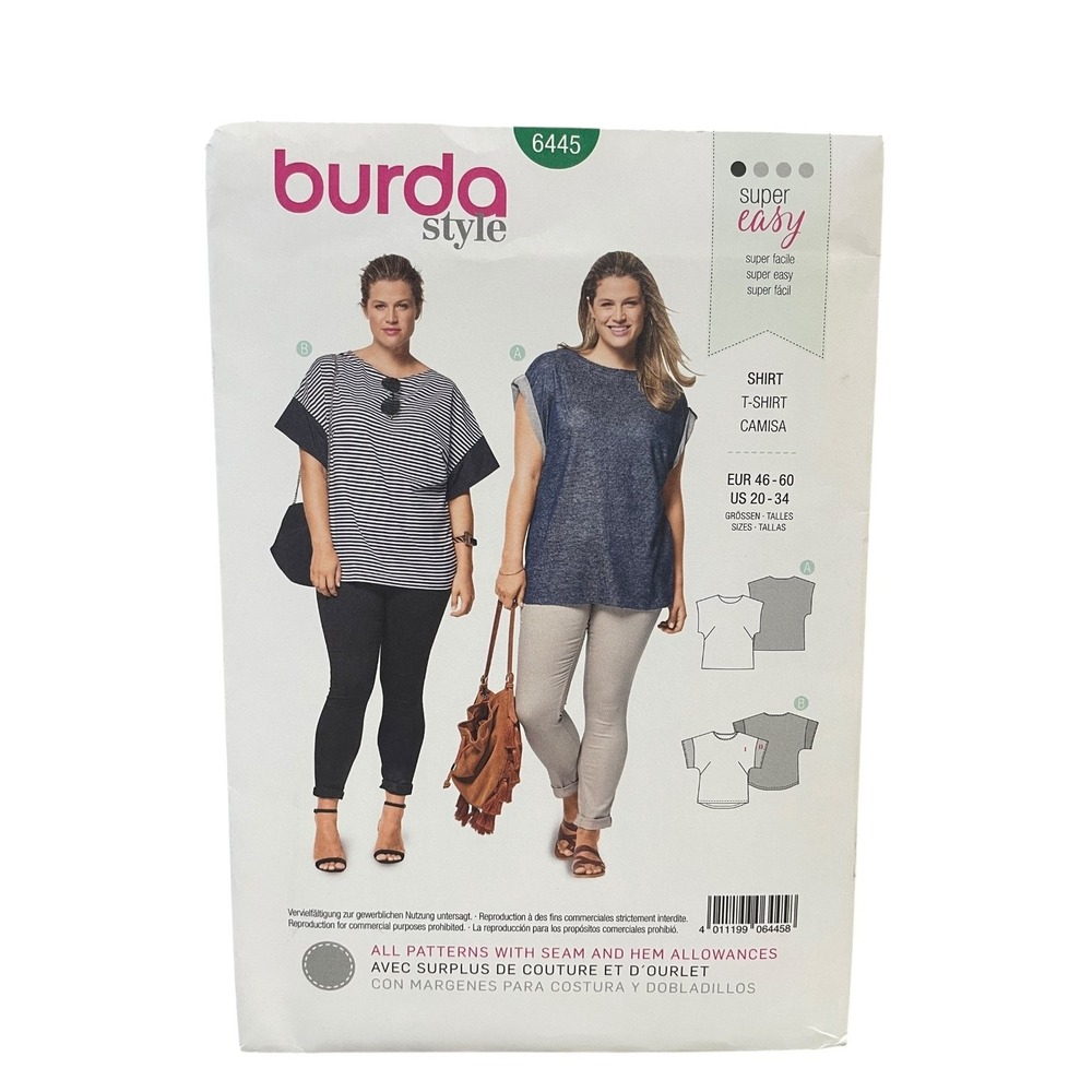 Burda Style 6445 T-Shirt Plus Size 20-34 Super Easy Sewing Pattern UNCUT FF